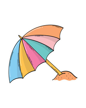 Colorful Beach Umbrella on Sand Hand Drawn Doodle Illustration