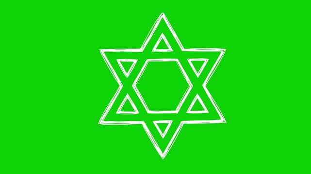 hand drawn star of david animation with white fill and whiteboard line boil style on a green screen chroma key background for video editing