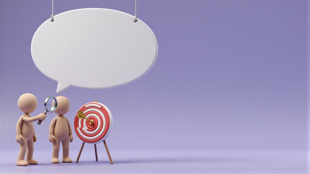 Two figures examine a target with a magnifying glass under a speech bubble.