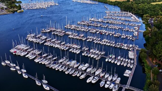 Aerial view of Port d'Arzal-Camoel marina with numerous sailboats docked in rows along the piers in Arzal, Bretagne, France.