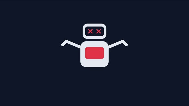 Minimalist dead robot character animation with glitch effect and floating orb on dark 4k background