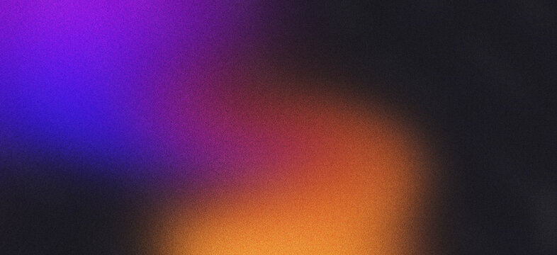 Grainy noise texture background, blue red orange abstract vibrant glowing color gradient shape on black backdrop, dark banner poster header cover wallpaper design