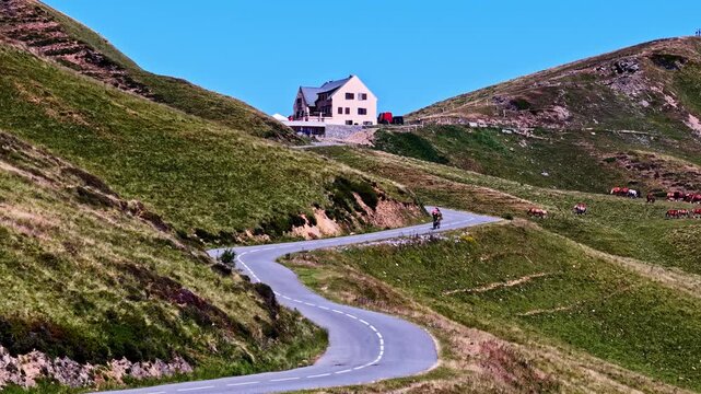 Aerial view of a cyclist riding along the winding road of Col d'Aubisque with grazing horses and a mountain building in the background in Beost, Nouvelle-Aquitaine, France.