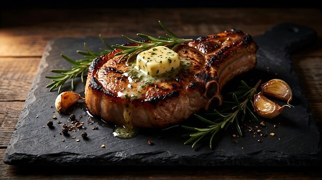 Grilled beef steak with melting butter, fresh rosemary and garlic on a dark stone plate. chuleta de cerdo 