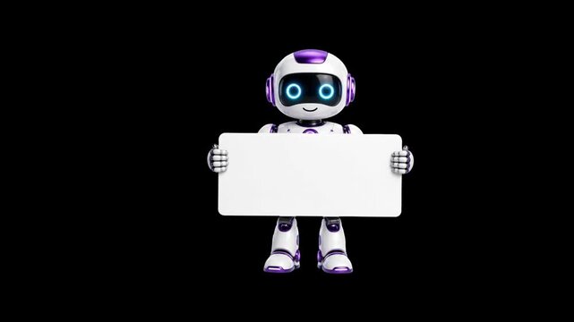 Friendly AI robot holding a blank sign with seamless loop animation, isolated for business, technology, marketing and presentation