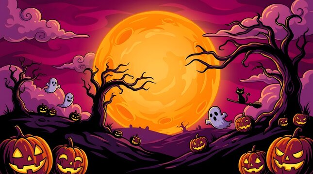Spooky halloween night background featuring a giant glowing orange full moon with carved pumpkins and cute ghosts