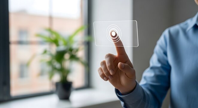 Businessman Touching Interactive Digital Interface Screen Button Concept in Modern Office