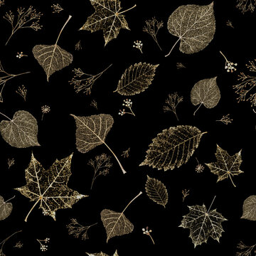 Golden botanical leaves seamless pattern on black background