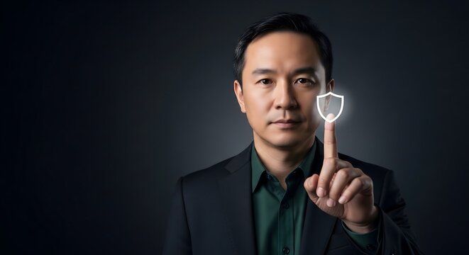 Asian Businessman Touching Virtual Shield Hologram For Cybersecurity And Data Protection