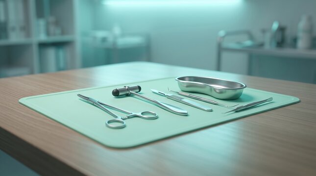 Professional Surgical Instruments and Medical Tools on Sterile Mat in Clinic Setting