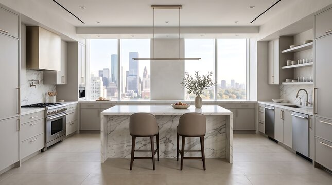 Soft Contemporary Loft Kitchen with Dusty Coral Cabinetry and Quartz Waterfall Island