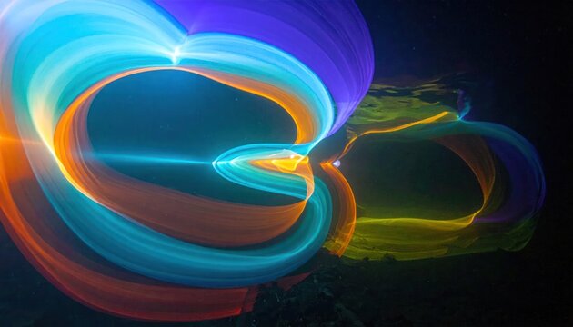 Abstract swirls of vibrant neon light trails in dark water, glowing fluid motion, futuristic art.