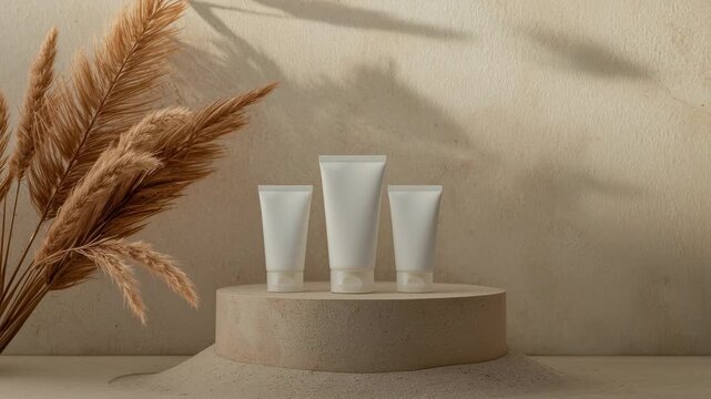 Minimal skincare tube trio on beige pedestal with dried grass shadows
