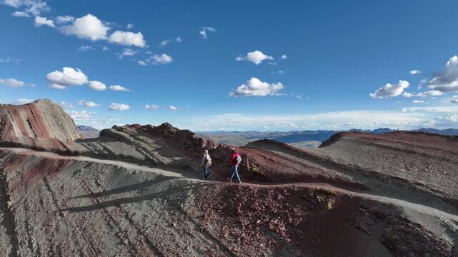 Rainbow Mountain Vinicunca, Cusco Peru. Aerial View. Cinematic Establishing Shot
