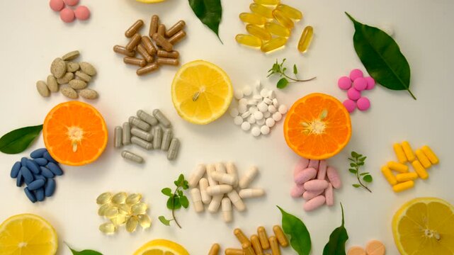 Various tablets and capsules, supplements and vitamins. Selective focus.
