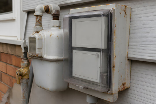 Utility meter cabinet on residential exterior wall