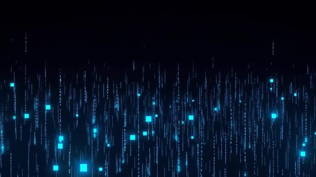 Digital data stream blue light abstract background with rain pattern code particles