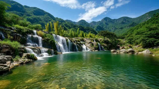 A serene landscape featuring a clear blue lake surrounded by lush green trees and mountains. Waterfalls cascade into the lake under a bright blue sky.