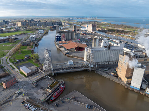 Buffalo, New York, United States - 02 May 2026: Aerial view of the Edward M. Cotter, Michigan Avenue Drawbridge, General Mills factory, and Buffalo RiverWorks.