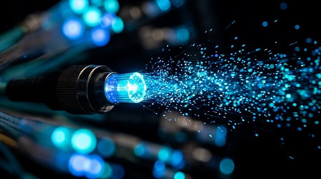 High speed fiber optic cable connector emitting intense blue light data transmission network stream