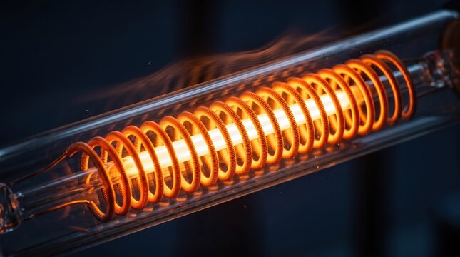 Close-up of Glowing Orange Electric Heating Element Coil inside Glass Tube on Dark Background