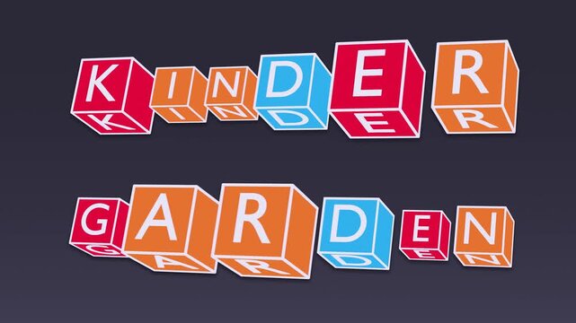 Colorful 3D Rotating Cubes with &ldquo;KINDER GARDEN&rdquo; Kinetic Typography on Black Background