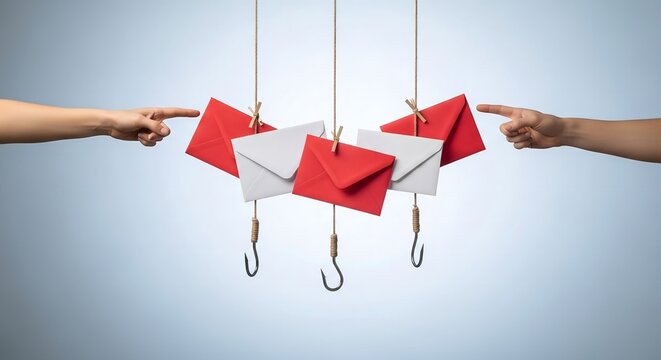 Suspicious red and white envelopes hanging on fishing hooks with fingers pointing
