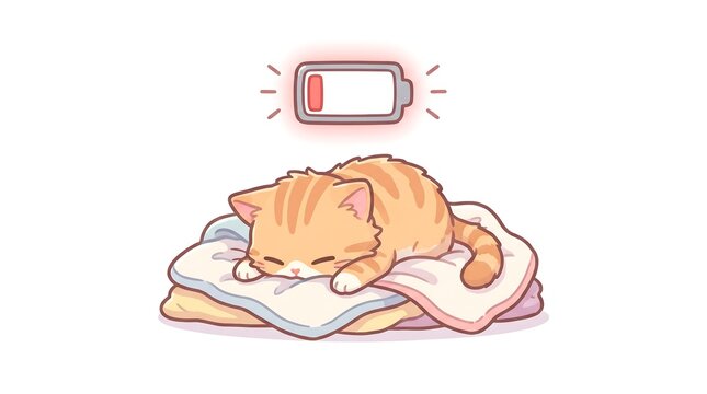 A cute ginger kitten sleeps peacefully on a soft blanket with a low battery icon above.