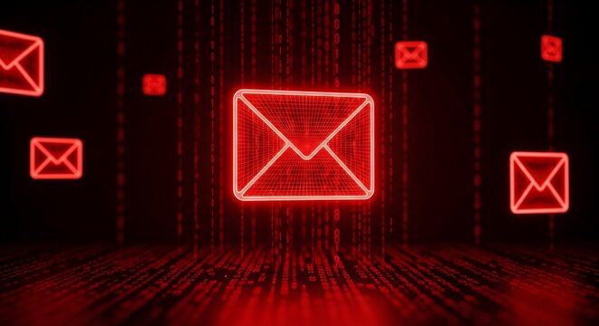 Glowing Red Digital Email Icons Floating in Matrix Cyber Space