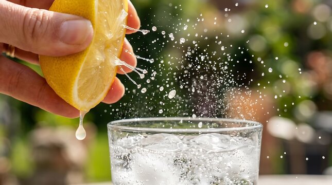 Hand squeezing fresh lemon wedge into glass of sparkling water with ice cubes outdoor setting