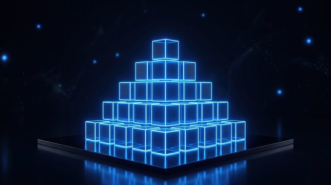 Futuristic Glowing Blue Wireframe Cube Pyramid Representing Blockchain Technology and Digital Data Structure on Dark Background
