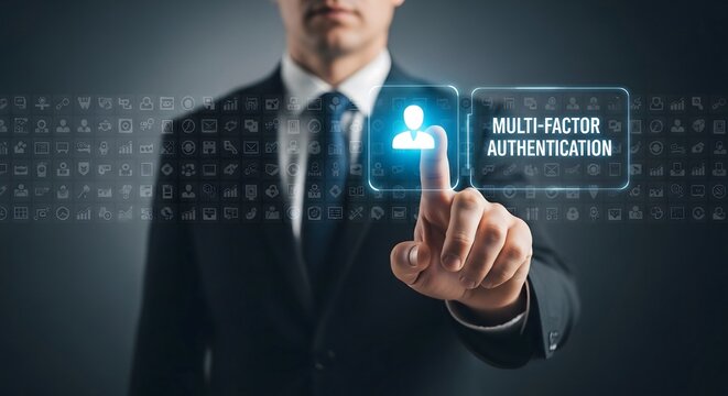 Businessman touching screen to activate multi-factor authentication security system