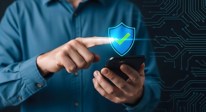 Businessman touching smartphone screen with cybersecurity shield and circuit board background
