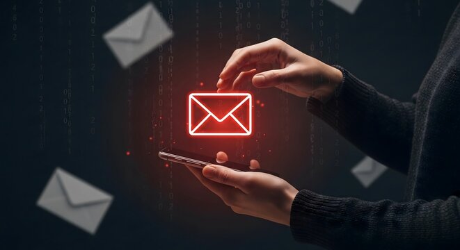 Hands interacting with glowing digital email icon on smartphone screen