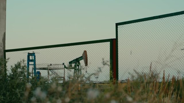 View of oil pump jack behind chain link fence with wild plants in foreground