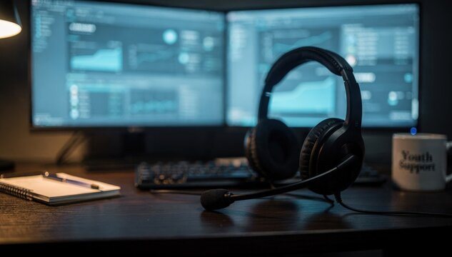 Dimly lit workstation with dual monitors showing blurred crisis call data sharply focused headset emphasizing readiness to assist youth in distress.