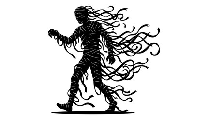 Naklejka premium Halloween Scary walking mummy silhouette with unraveling bandages, spooky monster for Halloween Vector