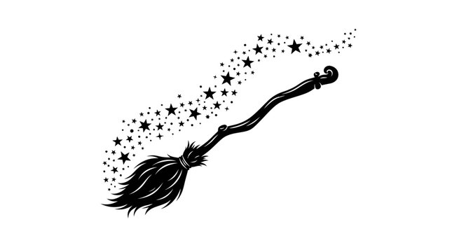 Halloween Flying witch broomstick design with sparkles and stars. Magical flying sweeping broom vector illustration for Halloween and fantasy backgrounds. Witch flight icon. Vector