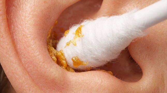 A close-up view shows a cotton swab being used to clean yellow earwax from the human outer ear canal.