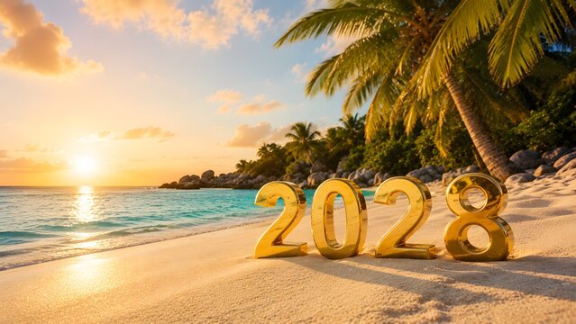 Tropical Beach Sunset with Golden 2028 Numbers on the Sand