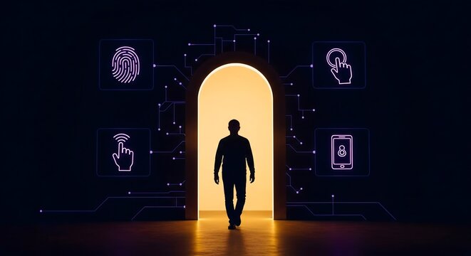 Cybersecurity concept with silhouette of person walking through digital portal