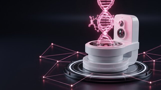 Futuristic Biotechnology Device Projecting a Glowing Pink DNA Double Helix Hologram for Genetic Research, Isolated on Dark Background