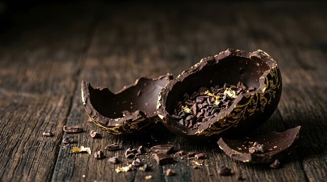 Broken dark chocolate easter egg filled with cocoa nibs and gold foil on rustic wooden background