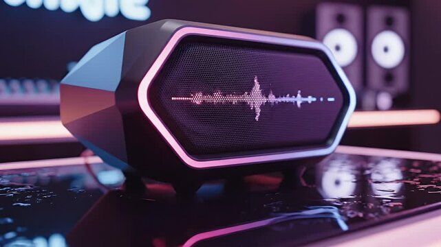 Futuristic neon-lit hexagonal Bluetooth speaker resting on a reflective glossy surface