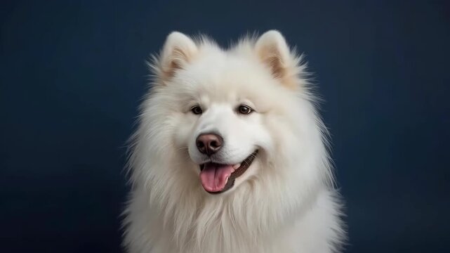 White fluffy dog portrait smiling on dark blue background fluffy pet portrait