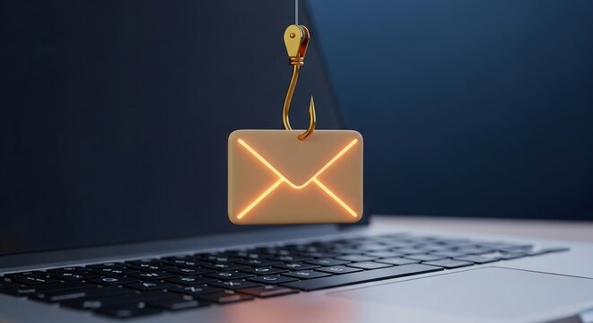 Cyber security phishing email attack concept with laptop and hook
