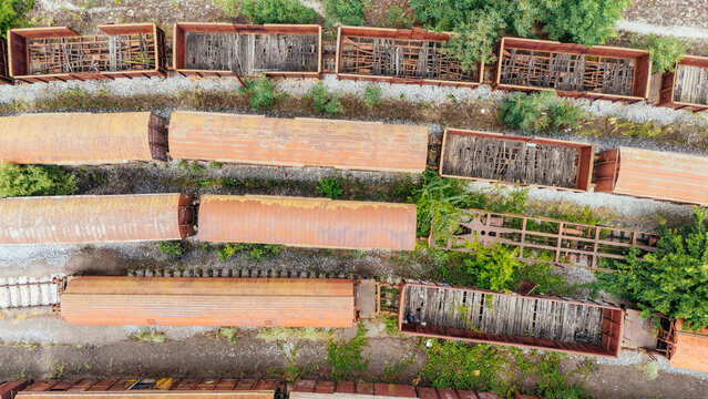 Aerial view of abandoned and rusty train cars resting on tracks surrounded by overgrown vegetation in Novi Sad, Vojvodina, Serbia.