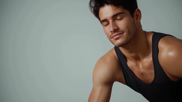 Smiling male portrait in black tank top against gray studio background young adult body
