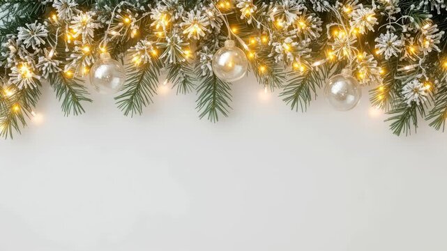 Christmas garland with lights, ornaments, evergreen branch and holiday decor on white background