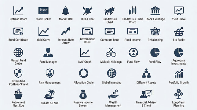 Investment icons visualize financial market data, asset management, and stock exchange trading strategies for investors.